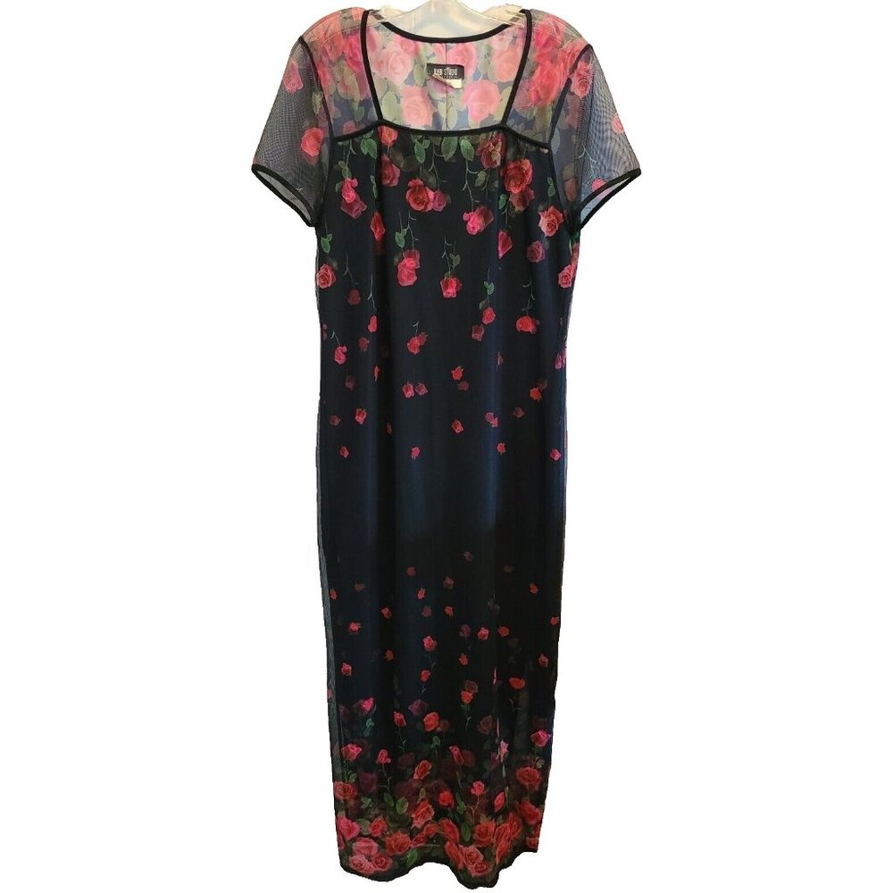 Byer 90s Y2K Short Sleeve Mesh Neck Maxi Dress Black/Red Floral Whimsigoth Sz 12